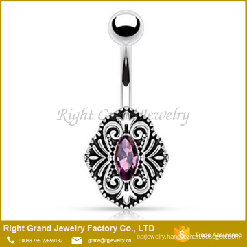 Surgical Steel Vintage Oval Purple Gems Belly Button Ring